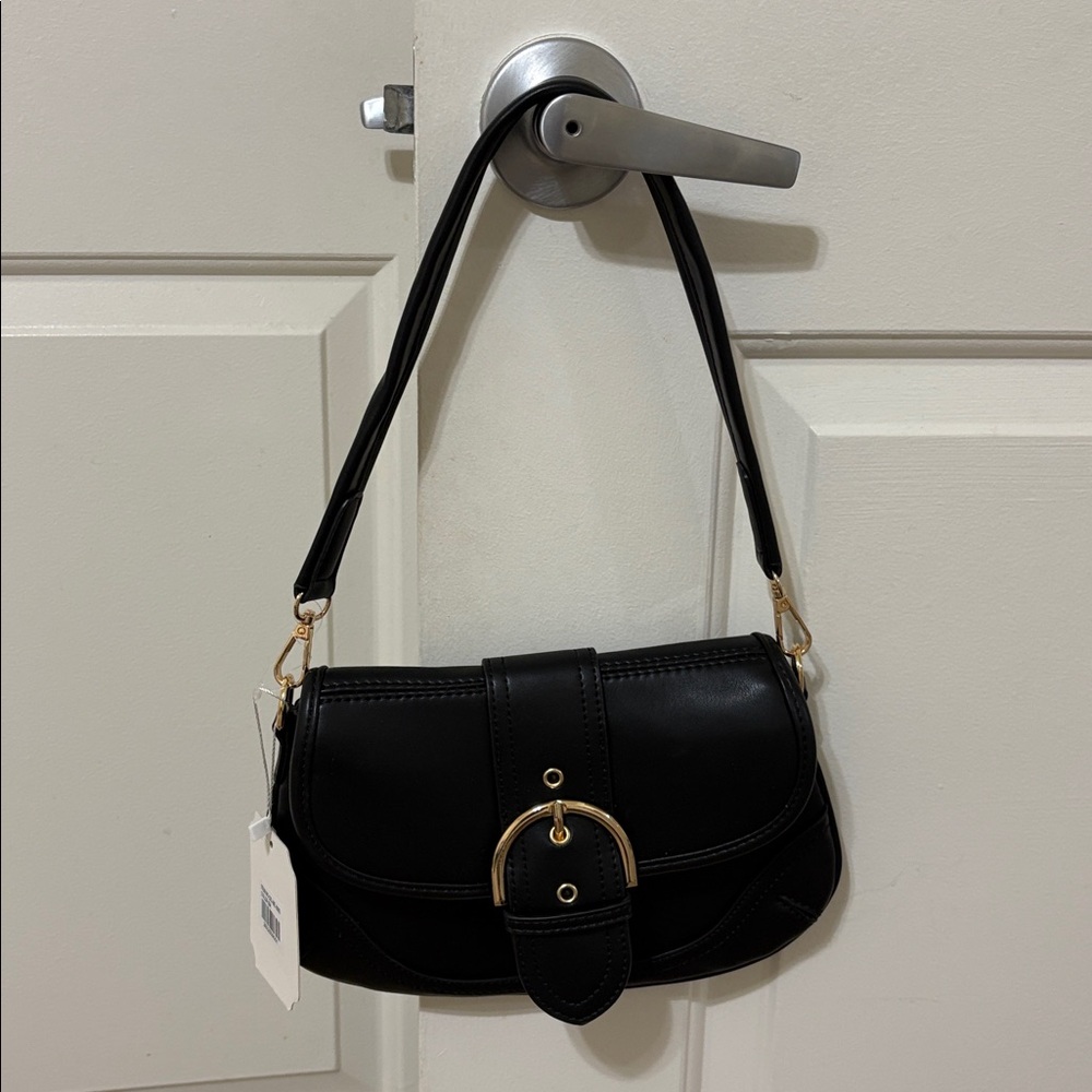 Classic Black Shoulder Bag with Gold Buckle